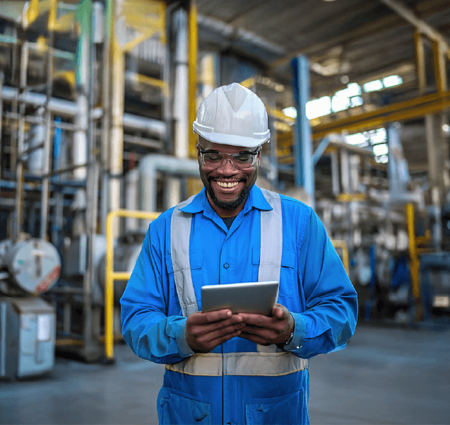 Construction worker using mobile phone